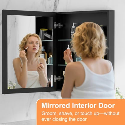 24x30 Inch Medicine Cabinet with Beveled Mirror, Aluminum Medicine Cabinet | Double Side Mirror Door, Adjustable Glass Shelves, Surface or Recessed Mount Bathroom Mirrors with Storage, Black - size: 24 in. x 30 in.