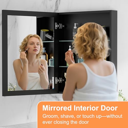 28 x 30 Inch Large Aluminum Medicine Cabinet with Beveled Mirror, Black | Soft-close Hinge, Oversized Beveled Edge Mirrored Door, Recessed or Surface Mount, Adjustable Glass Shelves - size: 28 in. x 30 in.