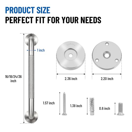 MrHAND Knurled Brushed Stainless Steel Grab Bars, 2 Pack 16 Inch | SUS304, Stain Finish, Sturdy & Stable Handicap Grab Bars, Wall Mounted Shower Grab Bars, Safety Hand Rails, ADA Compliant - color: Satin, size: 16 Inch
