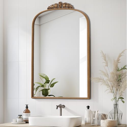 sogesfurniture Modern Wall Mounted Bathroom Mirror Cabinet with Shelves, Vintage Style Decro Recessed Medicine Cabinet with Aluminum Mirror, Sturdy Iron Frame for Bathroom Storage, Rustic Gold - color: Rustic Gold-arched, size: 24x36 inch