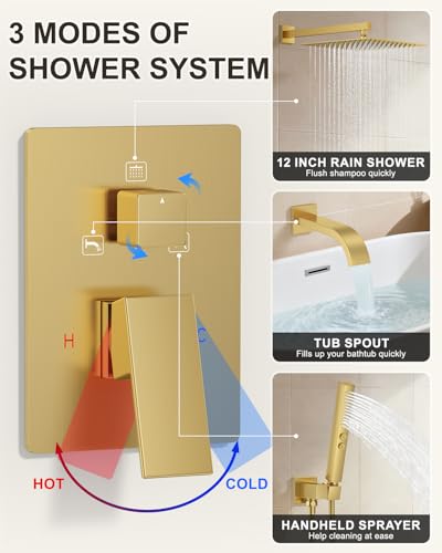 Brushed Gold Shower System with Tub Spout, Wall Mounted Bathtub Shower Faucet Set, 12" Rainfall Shower Head and Handheld Shower Combo, High Pressure Shower Fixtures Set with Rough-in Valve - color: Brushed Gold, style: 12" Wall Mounted Shower System with