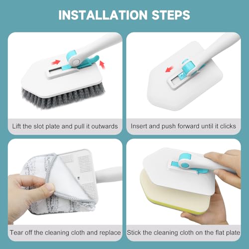 nacena Shower Scrubber with Long Handle, 3 in 1 Tile Tub Scrubber Brush with 3 Detachable Cleaning Heads Adjustable Handle Shower Cleaner Brush for Bathroom, Kitchen, Toilet, Wall, Sink, Blue White - color: Blue White, size: 2 pads