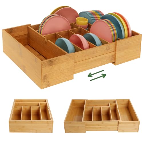 BAMEOS 3.9inch Tall Bamboo Drawer Organizer, Expandable Utensil Holder with 8 Compartments, Adjustable Kitchen Drawer Divider for Flatware, Silverware and Gadgets, Deep Storage for Home and Office - size: 3.9''H 22X16