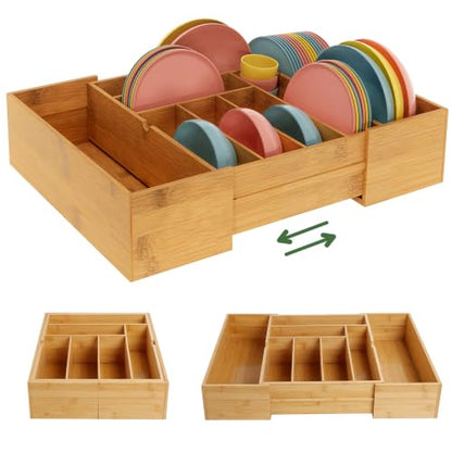 BAMEOS 3.9inch Tall Bamboo Drawer Organizer, Expandable Utensil Holder with 8 Compartments, Adjustable Kitchen Drawer Divider for Flatware, Silverware and Gadgets, Deep Storage for Home and Office - size: 3.9''H 22X16