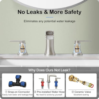 Brushed Nickel Waterfall Bathroom Faucet 3 Hole, 8-16 Inch Widespread 2 Handle Faucets for Bathroom Sinks Vanity Lavatory Sanitary Modern Restroom, Brass Material, NO Pop-up Drain - color: Brushed Nickel, style: NO Pop Up Drain