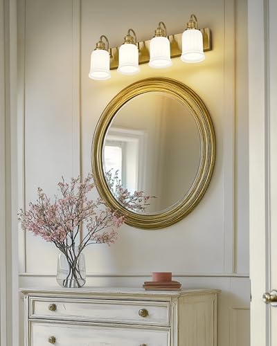 Bathroom Light Fixtures 4-Lights, HWH Brushed Gold Vanity Light Modern Bathroom Vanity Lights Over Mirror, 26'' Antique Brass Vanity Light with Frosted White Bell-Shaped Fluted Glass, 5HZG106B-4W BG - color: Brushed Gold, size: 4-Light