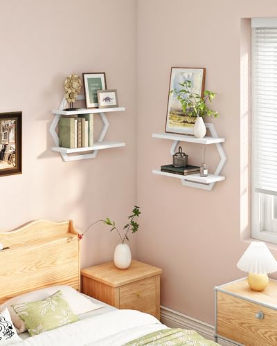 Hexagon Floating Shelves for Wall, Set of 2, 2 -Tier Hanging Shelves, Wall Mounted Storage Shelves, for Living Room, Bedroom, Kitchen, Home Office, Study, White TBJ06P2WB - color: White