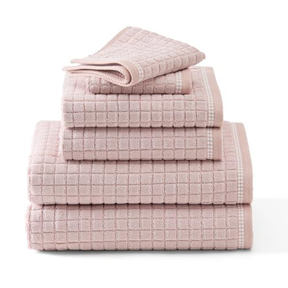 TOWN & COUNTRY EVERYDAY 6-Piece Textured Windowpane Set, 2-Bath Towels, 2-Hand Towels, 2-Washcloths, 100% Cotton, Plush & Absorbent 550GSM, Blush - color: Blush
