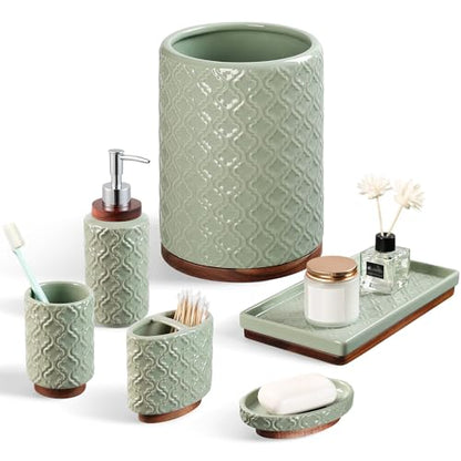 RQYIXI Elegant 6 PCS Ceramic&Wood Bathroom Accessories Set:Soap Dispenser,Toothbrush Holder,Tumbler,Soap Dish,Tray,Trash Can,Easy to Clean,Quatrefoil Pattern,Green-Affordable Home Luxury - color: Green Set-6pcs-new