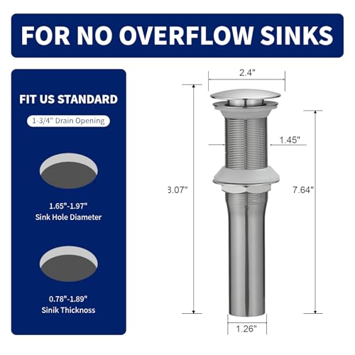 Brushed Nickel Bathroom Sink Drain Pop up Drain Without Overflow Rustproof | Bathroom Sink Stopper with Detachable Strainer Basket All Metal Rustproof Fits 1-1/2" to 1-3/4" Sink Hole by Homevacious - color: Brushed Nickel