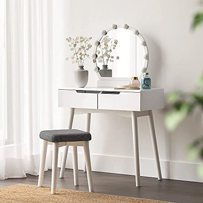 VASAGLE Makeup Vanity Set with 10 Light Bulbs and Touch Switch, Dressing Makeup Table Desk with Large Round Mirror, 2 Sliding Drawers, 1 Cushioned Stool, White URDT11WL - style: 31.5"W 2 Drawers Vanity Desk - White
