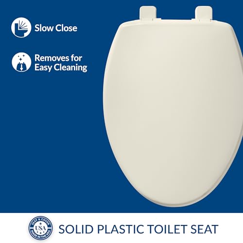 Bemis 7300SLEC Slow Close Toilet Seat, Easy Clean Hinges and Durable Plastic Seat, Made in USA, Elongated, Biscuit - color: Biscuit, size: Elongated