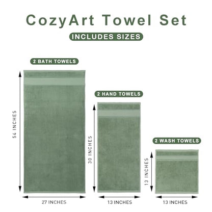 COZYART Bath Towel Set 6 PCS, Luxury 100% Turkish Cotton 650GSM Ultra Soft | Absorbent Quick Dry, OEKO‑Tex 100 Cert. Zero Twist Ring Spun Cotton, Plush Fluffy, Breathable Hotel Quality Bathroom Towels - color: Sage Leaf