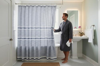 Blue and White Fabric Shower Curtain, Cotton Blend Striped Textured Design, 72 x 72 Shower Curtain, Modern Aesthetic Bathroom Decor, Cozumel - color: Cozumel