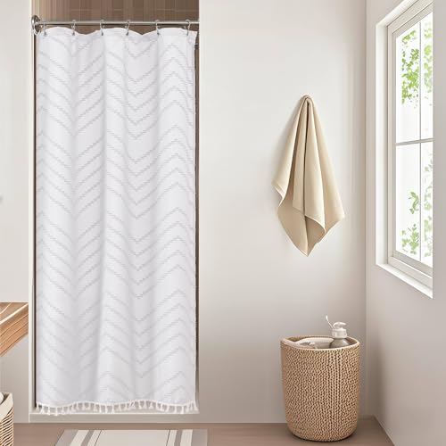 Small Boho Stall Shower Curtain, White Fabric Cloth Stall Shower Curtain 36 x 72 Half Size with Tassel Tufted Chevron Striped Textured Modern Farmhouse for Bathroom, Machine Washable - color: White, size: 36"W x 72"L (Pack of 1)