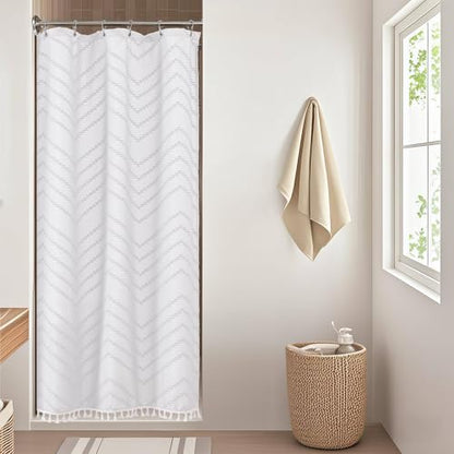 Small Boho Stall Shower Curtain, White Fabric Cloth Stall Shower Curtain 36 x 72 Half Size with Tassel Tufted Chevron Striped Textured Modern Farmhouse for Bathroom, Machine Washable - color: White, size: 36"W x 72"L (Pack of 1)