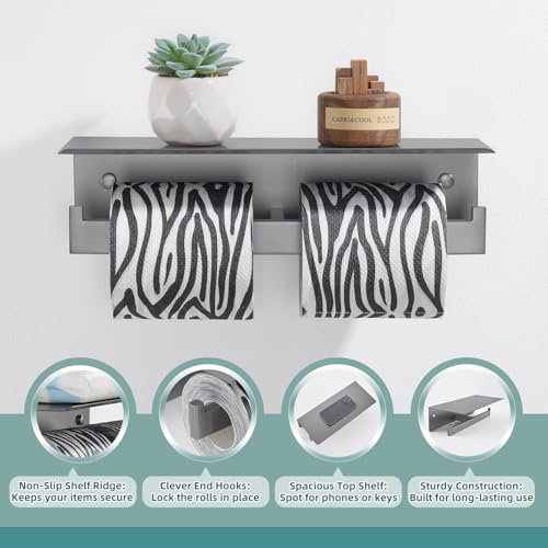 Gunmetal Gray Double Toilet Paper Holder with Shelf, 304 Stainless Steel Bathroom Tissue Roll Holder, Wall Mounted Paper Dispenser for Bathroom Kitchen, Fits Mega Rolls - color: Gun Gray, size: Double Rod