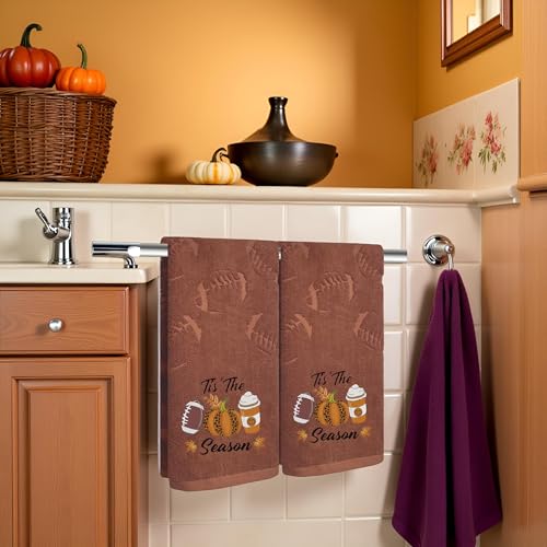 2 Pack Fall Hand Towel Jacquard Embroidered Cotton Kitchen Towels Farmhours Thankful Bath Towels Set Thanksgiving Bathroom Decor (Brown Football, 2*Hand Towel) - color: Brown Football