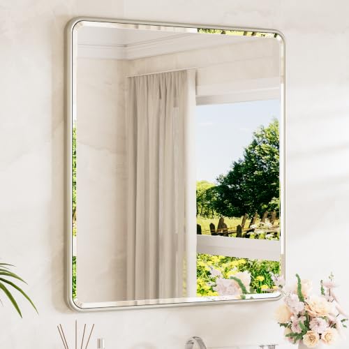 Brushed Nickel Vanity Mirror for Bathroom 32 x 36 Beveled Edge Tempered Glass, Rounded Corner Rectangle Wall Mirror for Modern Bathroom, Living Room, Bedroom, Entryway - color: Brushed Nickel, size: 36"L x 32"W