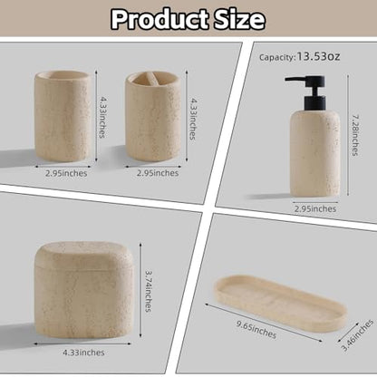 Bathroom Accessories Set, Travertine Stone Look, 5 PCS, Yellow | Modern, Bathroom Set with 13.53 OZ Soap Dispenser, Toothbrush Holder, Tumbler, Vanity Tray, Cotton Swab Jar for Countertop - color: Yellow 5 Pcs