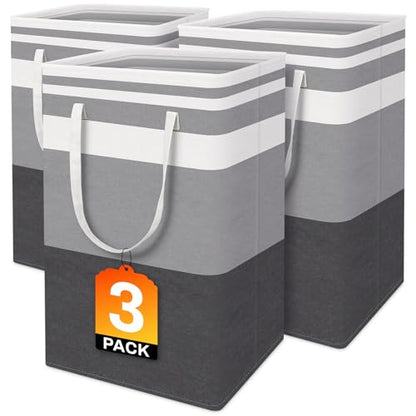 BlissTotes 3-Pack Laundry Basket, Collapsible Laundry Hamper, Grey, 75L | Laundry Clothes Hamper, Hampers for Bedroom, Freestanding Hamper with Handles, Clothes Laundry Basket - color: Grey, size: 75L