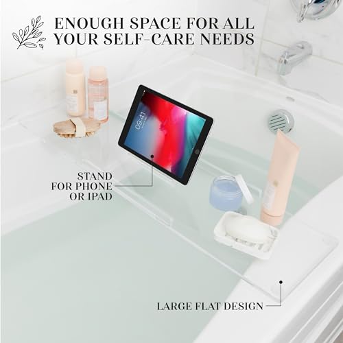 32" Classic- Clear Bathtub Tray Caddy Tub Shelf, Spa Board Luxury Bathroom Bath tub Table, Waterproof Acrylic Tub Caddy Fits Across Bathtub, Book Rack, iPad, Easy To Clean(32") - size: 32" x 9" x 1.5"