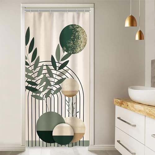 Mid Century Sage Green Stall Shower Curtain with Hooks 36x72 Inch | Waterproof Small Abstract Green and Beige Bathroom Curtain for Shower Stall, Machine Washable - color: Abstract 041, size: 36"W x 72"L (Pack of 1)