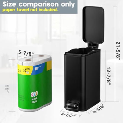 Slim Bathroom Trash Can with Lid Soft Close, 1.6 Gallon Stainless Steel Garbage Can with Removable Inner Bucket, Durable Step Pedal, Small Trash Bins for Toilet, Bedroom, Kitchen, Office - color: Black, size: 1.6 Gallon