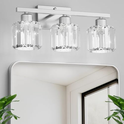 comzler 3-Light Bathroom Light Fixtures Over Mirror, Brushed Nickel Crystal Wall Sconce with E26 Base for Mirror Kitchen Living Room Bathroom, Round Crystal Shades (Bulbs Excluded) - size: Round