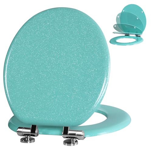 Angol Shiold Glitter Toilet Seat Molded Wood Round Toilet Seat with Quietly Close and Quick Release Hinges, Easy to Clean also Easy to Install (Round 16.5'', Green) - color: Green, size: Round 16.5‘’