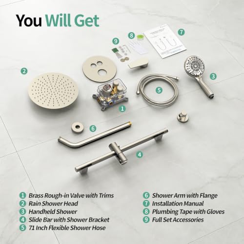 SR SUN RISE Shower System: 10 Inch Rainfall Shower Head with Handheld Combo Set - Slide Bar Bathroom Shower Faucet Set Wall Mounted (Valve and Trim Kit Included) - Brushed Nickel - color: Brushed Nickel
