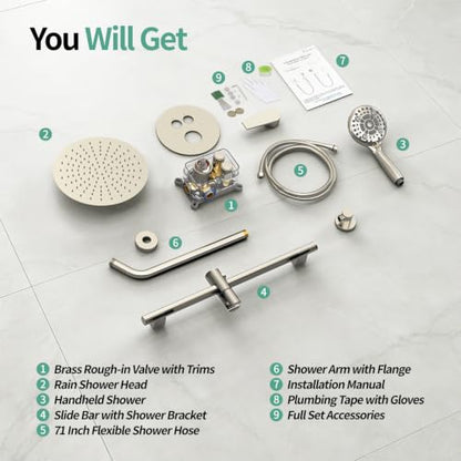 SR SUN RISE Shower System: 10 Inch Rainfall Shower Head with Handheld Combo Set - Slide Bar Bathroom Shower Faucet Set Wall Mounted (Valve and Trim Kit Included) - Brushed Nickel - color: Brushed Nickel
