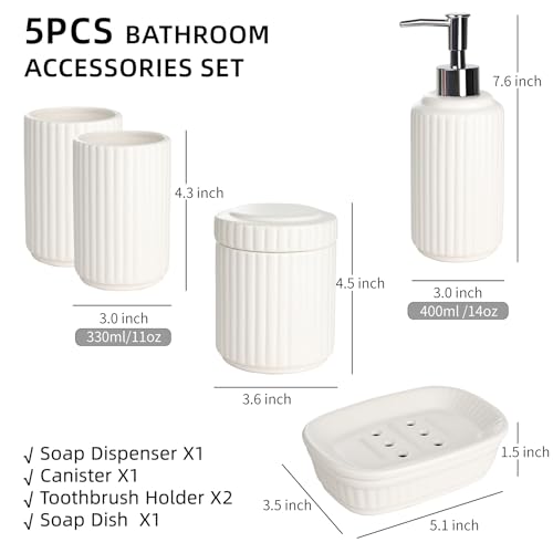 White Bathroom Accessory Set 5PCS, Ceramic Bathroom Accessories Set, Classic Design Bathroom Accessories Sets Complete, Home Apartment Modern Bathroom Decor Vanity Countertop, ANTIS'S HOME