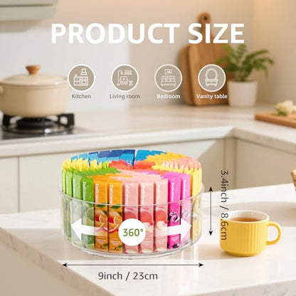 Divided Drink Packet Organizer, Largr Rotating Clear Lazy Susan Turntable | for Powdered Drink Mix, Water Drink Packet Holder, Water Flavor Packet, Coffee, Tea – Space-Saving Countertop Organizer - size: 1 Pack - Large 3 Section