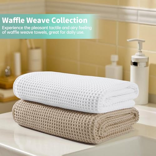 MICROFI New Microfiber Waffle Bath Towels, 2 Pieces, Oversized, Soft, Absorbent, Fast Drying, Lint Free 430 GSM (30''x60''/76cm x 152cm) - color: Beige+white