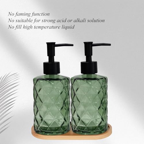 12oz Green Glass Hand and Dish Soap Dispenser Set, Diamond Design, Set of 2 | Bathroom Soap Dispenser with Plastic Pumps, Bamboo Tray for Hand Wash & Dish Wash, for Bathroom Kitchen Countertop - color: Green