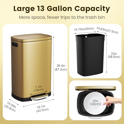 ELPHECO Kitchen Trash Can with Lid 13 Gal Stainless Steel Pedal Garbage Can | Soft Close Lid Pedal Heavy-Duty Fingerprint Proof Step Wastebasket with 20 Bags Removable Bucket, Home Office, Titanium Gold - color: Titanium Gold