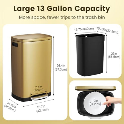 ELPHECO Kitchen Trash Can with Lid 13 Gal Stainless Steel Pedal Garbage Can | Soft Close Lid Pedal Heavy-Duty Fingerprint Proof Step Wastebasket with 20 Bags Removable Bucket, Home Office, Titanium Gold - color: Titanium Gold