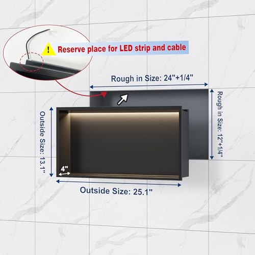 Qeke 24" X 12" Stainless Steel Shower Niche w/ 3 CCT Dimmable Light, Black | No Tile Needed Wall Niche, Recessed Niche w/ Light(3000K/4000K/6000K), IP66 Waterproof, Space Saving & Durable - color: Matte Black, size: 24" X 12"