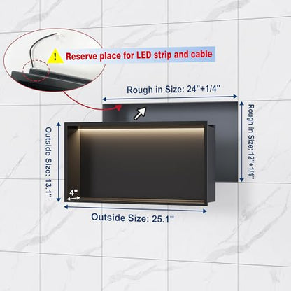 Qeke 24" X 12" Stainless Steel Shower Niche w/ 3 CCT Dimmable Light, Black | No Tile Needed Wall Niche, Recessed Niche w/ Light(3000K/4000K/6000K), IP66 Waterproof, Space Saving & Durable - color: Matte Black, size: 24" X 12"