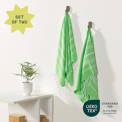 WETCAT Turkish Hand Towels with Hanging Loop, Set of 2 (20" x 30") 100% Turkish Cotton, Pre-Washed, Quick Drying, for Kitchen or Bathroom - Lime Green - color: Lime Green