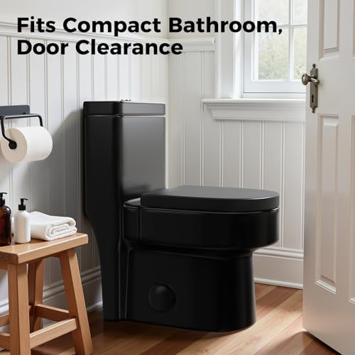 Compact One Piece Toilet Matte Black,Soft-close Seat Lid, Power Dual Flush 1.2/1.85 GPF,Small Toilet for Bathrooms,Standard Black Toilet Bowl, 12'' Rough-in - style: BH-22-BLACK