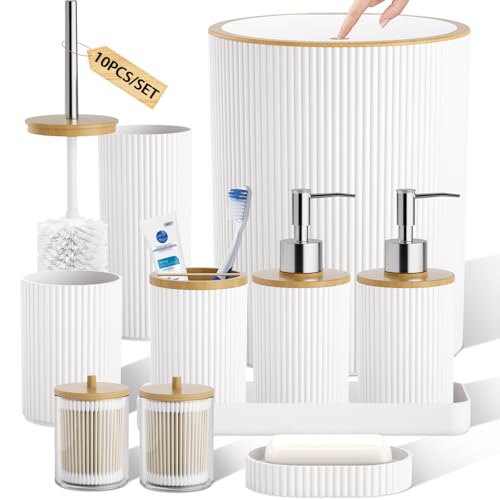 10PC Bathroom Accessories Set - White and Wooden Bathroom Sets, Bathroom Accessory Set with Pop Up Trash Can, Toilet Brush, Trash Can, Qtip Holder & Soap Dispenser - color: White & Wood, size: Bath Set