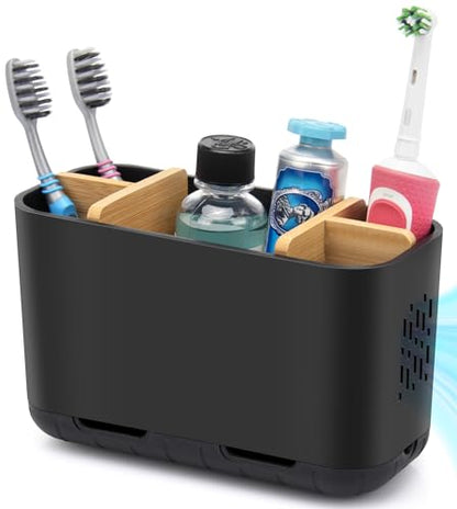 GFWARE Black Toothbrush Holder with Drainage, Bathroom Organizer, Large | 5 Slots Toothbrush and Toothpaste Holder with Bamboo Divider, Kids Electric Toothbrush Holder for Bathroom Sink Organize - color: Black-l