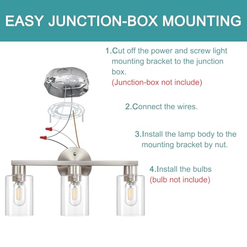 Bathroom Light Fixtures 3-Light Bathroom Vanity Light Brushed Nickel | Stainless steel body, Clear glass shade, E26 scoket, Anti-rust, Easy to install, Vanity lighting fixtures, Over mirror, 18 in - color: Brushed Nickel, size: 3 Light