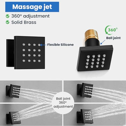 gotonovo Rainfall Shower System with Full Body Jets 4pcs Matte Black | 12’’ Rainfall Shower Head with Handheld Spray Combo,Wall Mount,Rough-in Valve and Trim Kit,Brass Body Message Jets,All Metal - color: Black