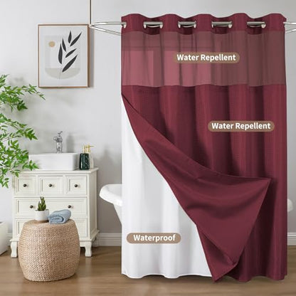 Colorful Star No Hook Waffle Shower Curtain with Snap in Fabric, Waterproof Shower Curtains with See Through Top Window, Hotel Luxury Heavy Duty Bathroom Curtain and Liner Set, 72'' x 75'', Burgundy - color: Burgundy, size: 72"W x 75"L (Pack of 1)