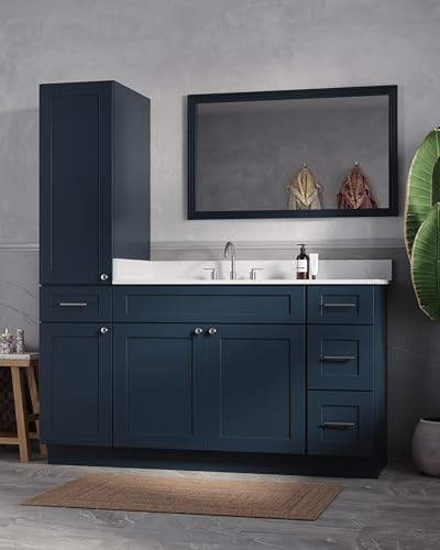 63" Bathroom Vanity with Linen Storage Tower and 4 Drawers, Carrara Quartz Top and Ceramic Sink, Left or Right Tower Option, Solid Wood Frame, 64" x 22" x 72" (Navy Blue, Left Tall Cabinet) - color: Navy Blue