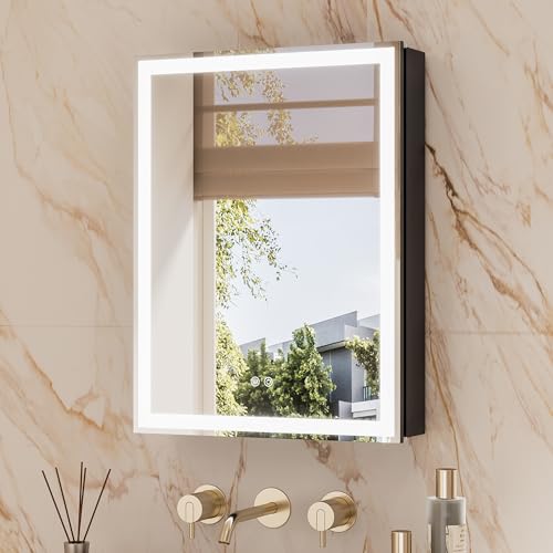 TETOTE 20 x 26 Lighted Bathroom Medicine Cabinet with Adjustable Shelves, Black Aluminum Cabinet, Anti-Fog Stepless Dimmable 3 Colors White/Warm/Natural, Easy to Install(Wall Mount/Recessed) - color: Black, size: 26"L x 20"W