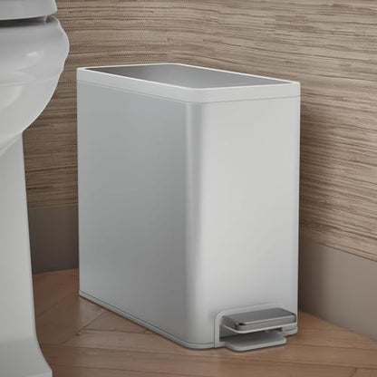 Kohler 20957-STW 2.5 Gallon Slim Step Trash Can, Bathroom Trash Can with Soft-Close Foot Pedal, White with Stainless Steel - color: White Stainless Steel, size: 2.5 Gallon - Step Can